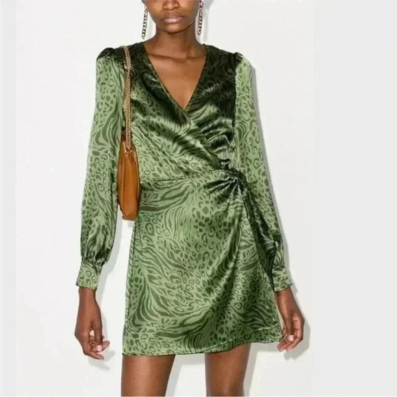 Reformation Kenna green animal leopard-print wrap 100% silk mini dress - Picture 1 of 10